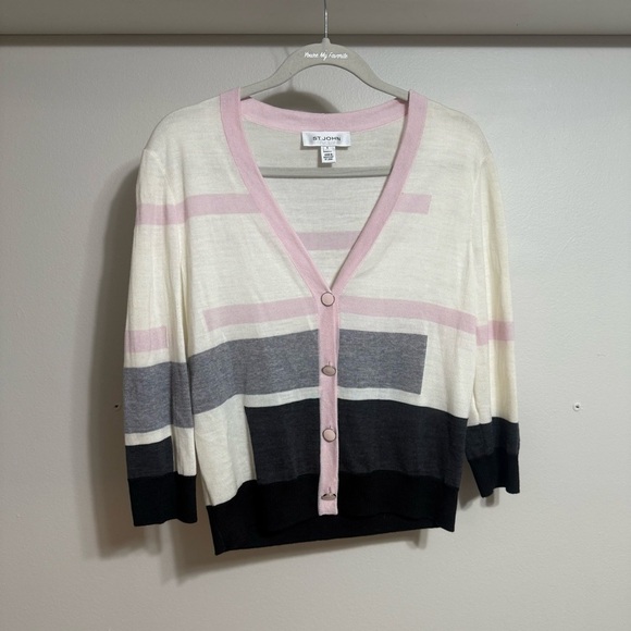 St. John Wool Striped Sweater Small White Pink Black - Picture 1 of 9